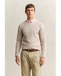 GANT - Cotton Cable Knit Crew Neck Sweater Oat Melange - Lyst