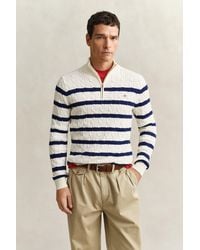 GANT - Striped Cotton Cable Knit Half-Zip Sweater Cream - Lyst