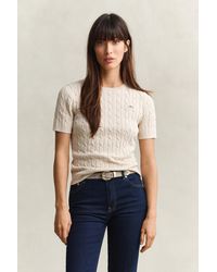 GANT - Stretch Cotton Cable Knit Short Sleeve Sweater - Lyst