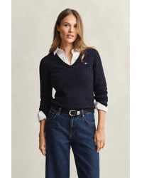 GANT - Stretch Cotton Cable Knit V-Neck Sweater - Lyst