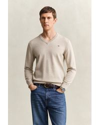GANT - Classic Cotton V-Neck Sweater Oat Melange - Lyst