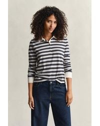 GANT - Striped Long Sleeve Polo Shirt Cream - Lyst