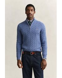 GANT - Cotton Cable Knit Half-Zip Sweater Denim Melange - Lyst