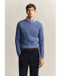 GANT - Cotton Cable Knit Crew Neck Sweater Denim Melange - Lyst