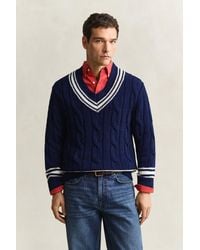 GANT - Cable Knit V-Neck Sweater Persian - Lyst