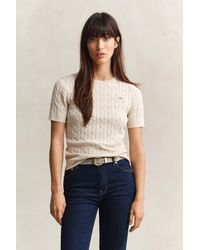 GANT - Stretch Cotton Cable Knit Short Sleeve Sweater - Lyst
