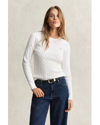 GANT - Stretch Cotton Cable Knit Crew Neck Sweater - Lyst