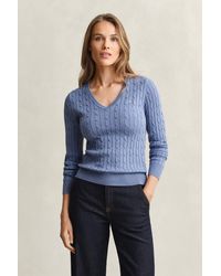 GANT - Stretch Cotton Cable Knit V-Neck Sweater - Lyst