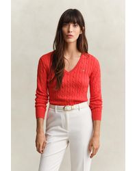 GANT - Stretch Cotton Cable Knit V-Neck Sweater - Lyst