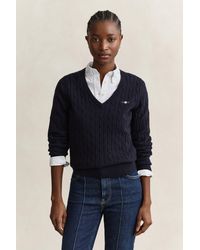 GANT - Stretch Cotton Cable Knit V-Neck Sweater - Lyst