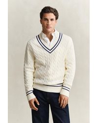 GANT - Cotton Cable Knit V-Neck Sweater Cream - Lyst
