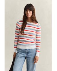 GANT - Striped Cable Knit Crew Neck Sweater - Lyst
