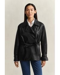 GANT - Short Leather Trench Coat - Lyst