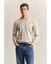 GANT - Classic Cotton V-Neck Sweater Oat Melange - Lyst