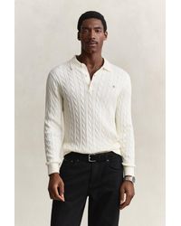 GANT - Cotton Cable Knit Polo Sweater Cream - Lyst