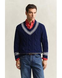 GANT - Cable Knit V-Neck Sweater Persian - Lyst