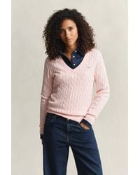 GANT - Stretch Cotton Cable Knit V-Neck Sweater - Lyst