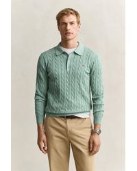 GANT - Cotton Cable Knit Polo Sweater - Lyst