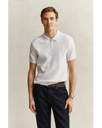 GANT - Ribbed Cotton Polo Sweater Eggshell - Lyst
