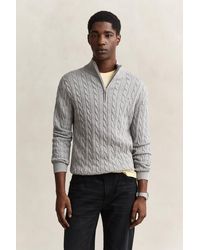 GANT - Cotton Cable Knit Half-Zip Sweater Melange - Lyst