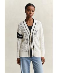 GANT - Varsity Cable Knit Cardigan Eggshell - Lyst
