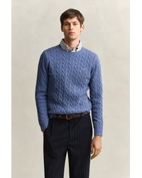 GANT - Cotton Cable Knit Crew Neck Sweater Denim Melange - Lyst