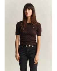 GANT - Stretch Cotton Cable Knit Short Sleeve Sweater Deep - Lyst