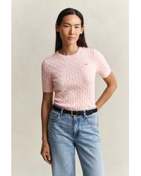 GANT - Stretch Cotton Cable Knit Short Sleeve Sweater - Lyst