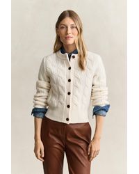 GANT - Wool Blend Cable Knit Cardigan Cream - Lyst