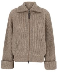 Brunello Cucinelli - Wool High-Neck Zip Front Cardigan With Ribbed Finishes - Lyst