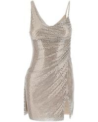 Self-Portrait - Metallic Mini Dress Sleeveless Draped With Rhinestones And Single Slit On The Front - Lyst