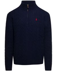 Polo Ralph Lauren - Pullover in misto lana e cashmere a trecce con logo ricamato e mezza zip - Lyst