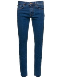 Versace - Blue Fitted Jeans With Logo Embroidered And Botton In Cotton Blend Denim Woman - Lyst