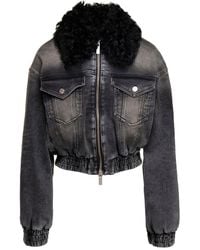 Blumarine - Black Jacket With Faux Fur Collar And Logo Embroidery In Stretch Cotton Denim Woman - Lyst