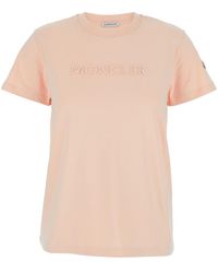 Moncler - T-Shirt Girocollo Con Ricamo Logo Lettering Sul Fronte E Patch - Lyst