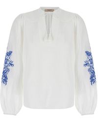 Twin Set - Blouse With Drawstring And Floreal Embroideries - Lyst