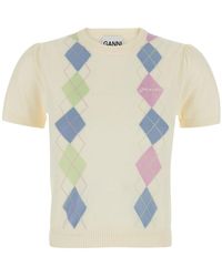Ganni - Short-Sleeved Sweater With Argyle Motif On The Front - Lyst