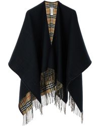 Burberry - And Cape With Check Motif And Fringed Hem - Lyst