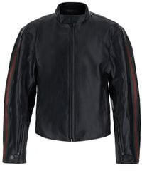 Gucci - Leather Jacket With Web Stripe Details Cow Coat - Lyst