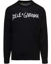 Dolce & Gabbana - Pullover con stampa logo a contrasto in lana nera uomo - Lyst