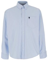 Ami Paris - Camicia Azzurra Con Collo Button Down E Ricamo Adc - Lyst