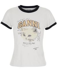 Ganni - Crewneck T-Shirt With Maxi Logo On The Front - Lyst
