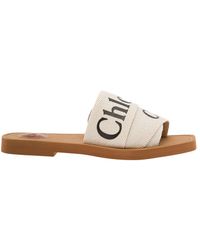 Chloé 'woody' Sandals With Logo In Canvas Woman - White