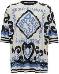 Dolce & Gabbana - Light Blue And White Crewneck T-shirt With Marina Print In Silk Man - Lyst