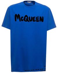 Alexander McQueen T-shirt in cotone con stampa logo uomo - Blu