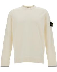 Stone Island - White Crewneck Sweater With Logo Patch In Wool Blend Man - Lyst