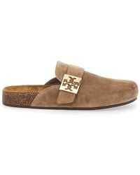 Tory Burch - Suede Mellow Slip-On Mule With Metal Logo Buckle For Bovine Flat Shoes - Lyst