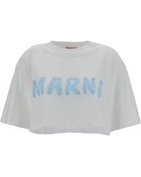 Marni - White Cropped T-shirt With Logo Print In Cotton Woman - Lyst