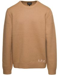 A.P.C. - Edward Beige Crewneck Sweater With Embroidered Logo In Wool - Lyst