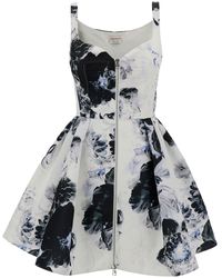 Alexander McQueen - Mini White And Black Dress With All-over Chiaroscuro Print In Polyfaille - Lyst
